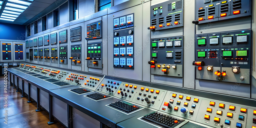 Poster control room power: a modern control room with a sophisticated array of screens and control panels, 