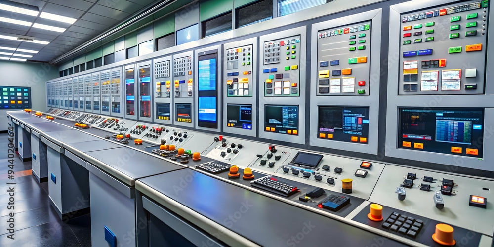 Poster control room power: a modern control room with a sophisticated array of screens and control panels, 