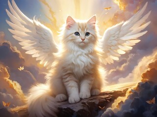 Enchanting winged cat surrounded by soft clouds and dazzling light at twilight