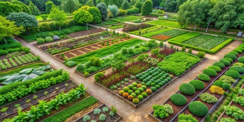 Aerial View of a Geometrically Designed Garden with Ornamental Trees, Bushes, and Flowers in a Pattern of Rows and Paths