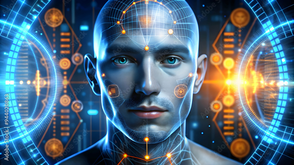 Poster the awakened mind: a hyperrealistic 3d rendering of a human head enveloped in glowing neural network