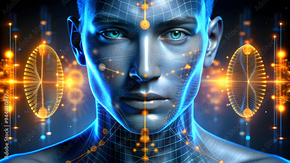 Poster the awakened mind: a hyperrealistic 3d rendering of a human head enveloped in glowing neural network