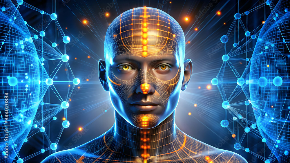 Poster the awakened mind: a hyperrealistic 3d rendering of a human head enveloped in glowing neural network