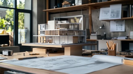 A desk featuring an architectural model, technical tools, and blueprints. This image is related to architecture, construction, and real estate. 