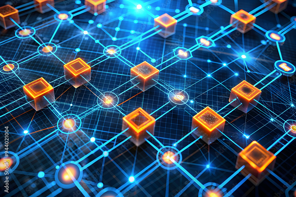 Poster interconnected cubes: abstract digital network with glowing orange cubes connected by blue lines, re