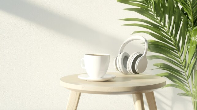 A peaceful home balcony setup with a small table, a cup of coffee, and headphones playing lo-fi beats