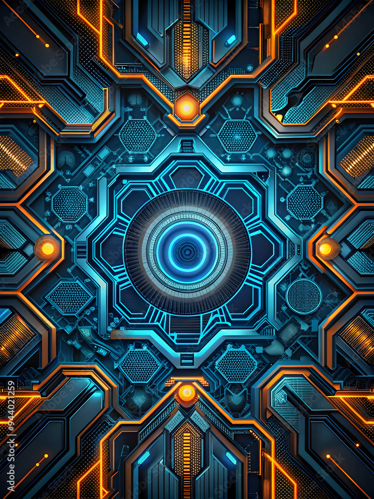Poster cybernetic core: a mesmerizing abstract design featuring an intricate network of glowing circuits an