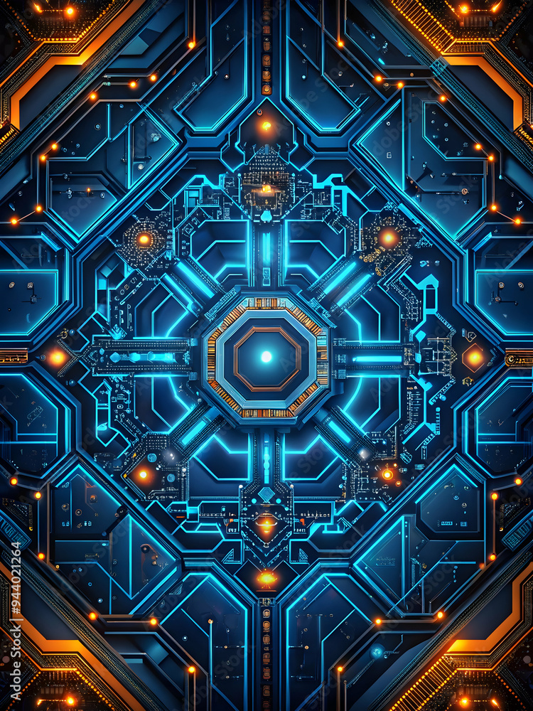 Poster cybernetic core: a mesmerizing abstract design featuring an intricate network of glowing circuits an