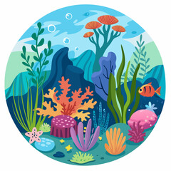 An Underwater Scene with Colorful Coral, Seaweed, and a Fish