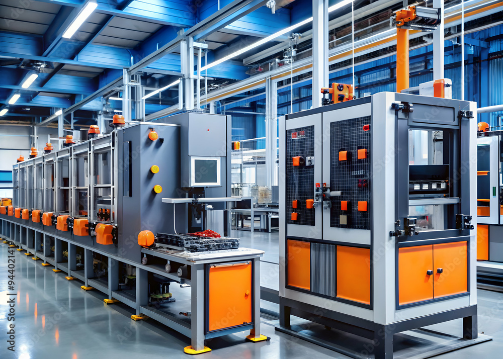 Poster precision in motion: a pristine factory floor hums with automated machinery, showcasing modern manuf