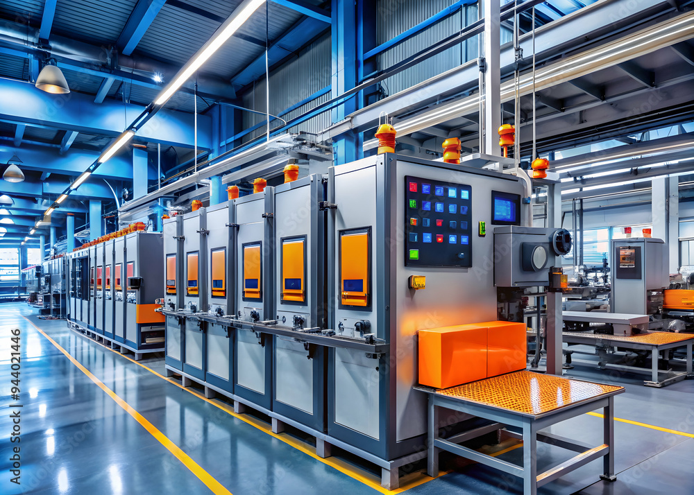 Poster precision in motion: a pristine factory floor hums with automated machinery, showcasing modern manuf