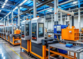 Precision in Motion: A pristine factory floor hums with automated machinery, showcasing modern manufacturing and industrial efficiency.