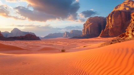 Desert Landscape with Rocky Cliffs and Sandy Dunes