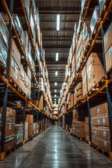 Fototapeta premium Warehouse interior featuring tall shelves with cardboard boxes, bright industrial lighting, eyelevel view, focus on the orderliness and space