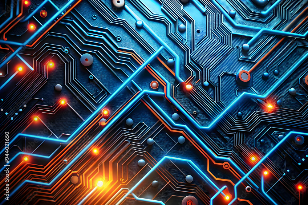 Poster digital network ignition: a mesmerizing close-up of a circuit board ablaze with vibrant blue and ora
