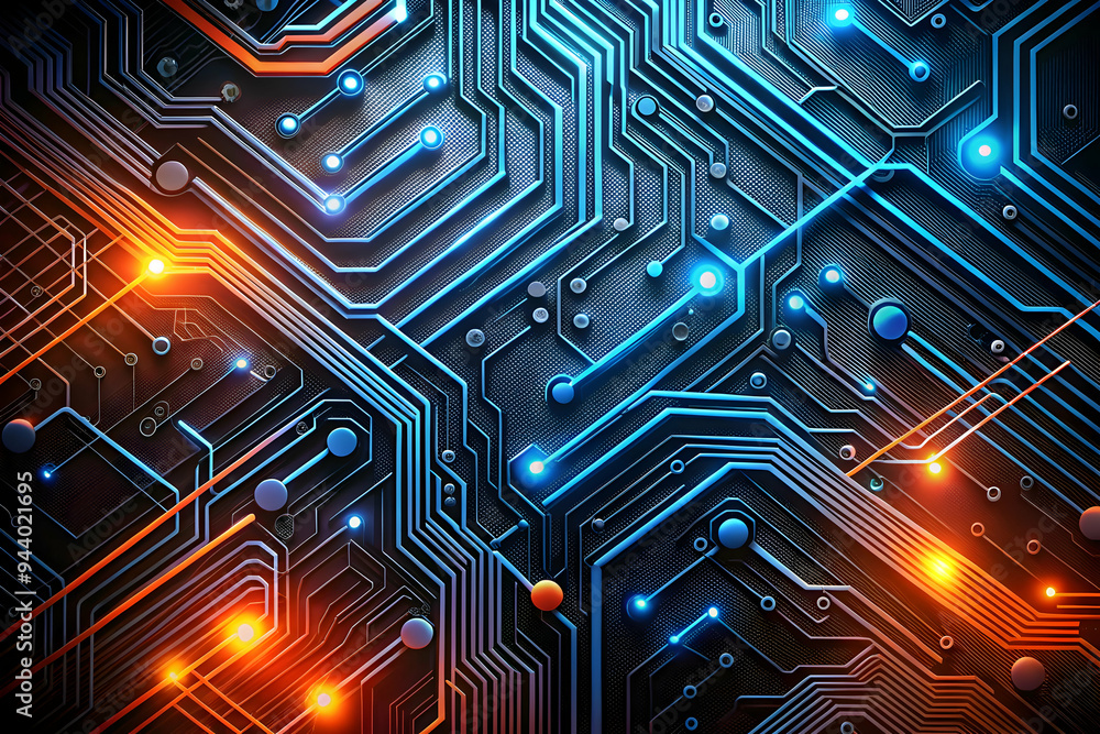 Poster digital network ignition: a mesmerizing close-up of a circuit board ablaze with vibrant blue and ora