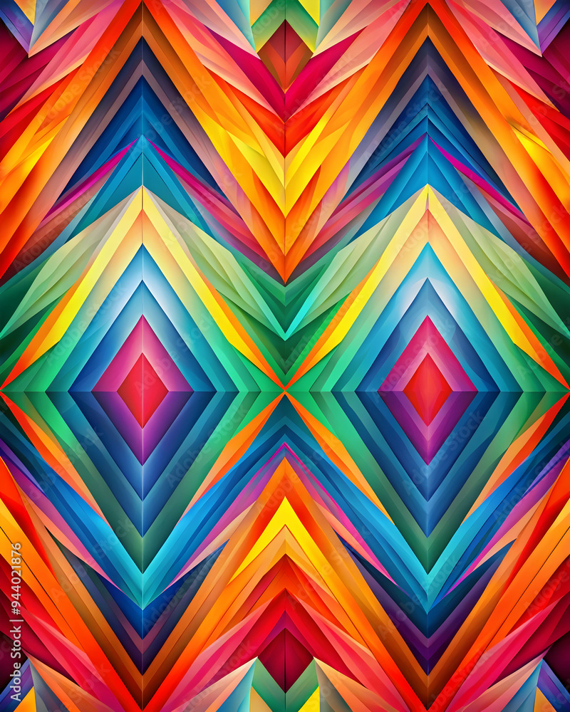 Poster vibrant geometric tapestry: a seamless pattern of colorful, layered triangles and squares creates a 