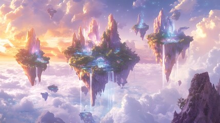 Floating Islands in the Sky: A breathtaking fantasy landscape with floating islands connected by waterfalls, glowing crystals, and a sky filled with ethereal colors.
