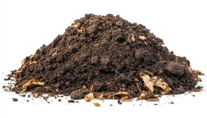 Creative Abstract Soil Heap: Isolated Black Earth on White Background for Agriculture and Gardening Concepts. Soft Fertile Soil for Planting Vegetables, Flowers, and Fruits. Minimalist Composition wit