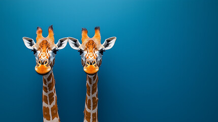 Two giraffes on the blue background