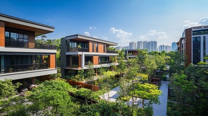 A modern apartment complex stands amidst a verdant oasis, embodying the harmonious coexistence of nature and urban living. Its eco-friendly design prioritizes energy efficiency