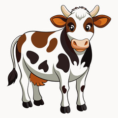 Cartoon Illustration of a White and Brown Cow with Black Spots
