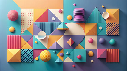 Geometric Playground: A vibrant 3D render bursting with playful shapes and bold colors. 