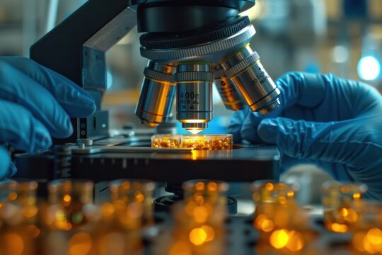 A pair of scientists are looking at a small object under a microscope