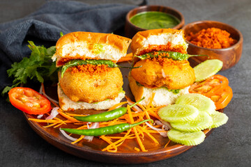 selective focus of Mumbai's famous street food delicious Vada Pav, With coriander leave chutney, tomato sauce, dry garlic chutney and fried chilli. 