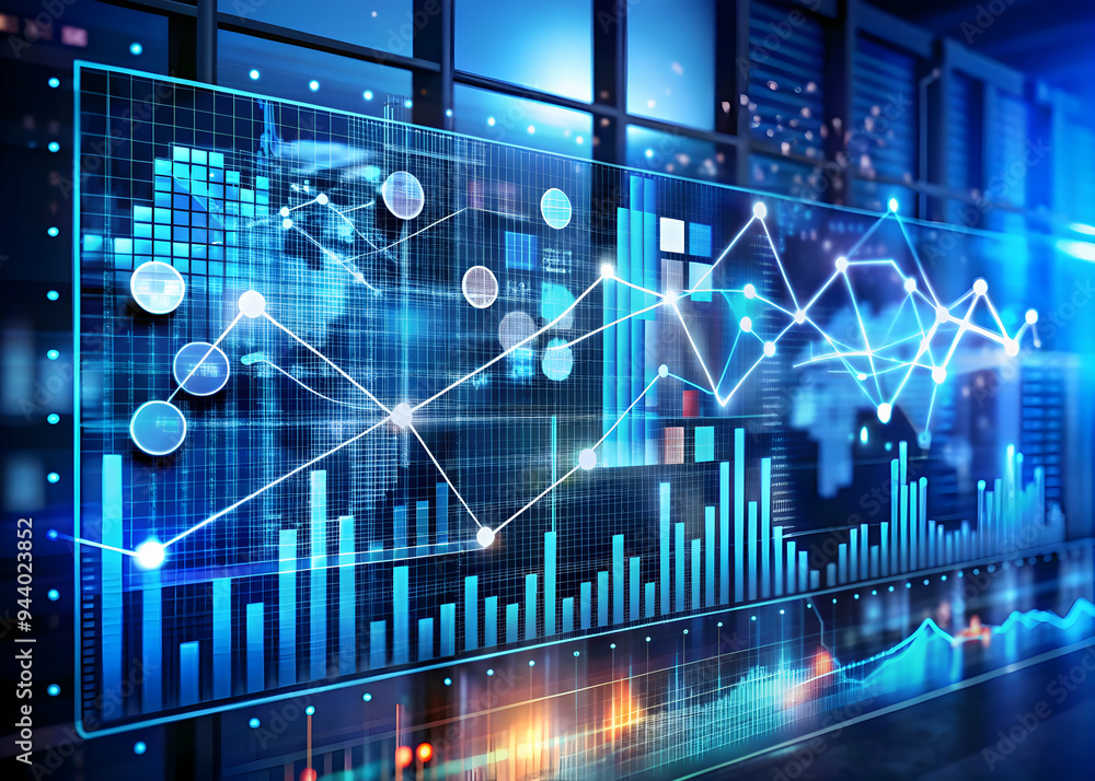 Poster global data symphony: a symphony of data visualization, illuminated by glowing charts and graphs, pa