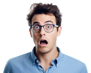 PNG Blue shirt is acting frightened closed up glasses adult man.