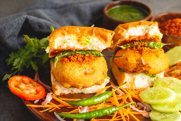 selective focus of Mumbai's famous street food delicious Vada Pav, With coriander leave chutney, tomato sauce, dry garlic chutney and fried chilli. 