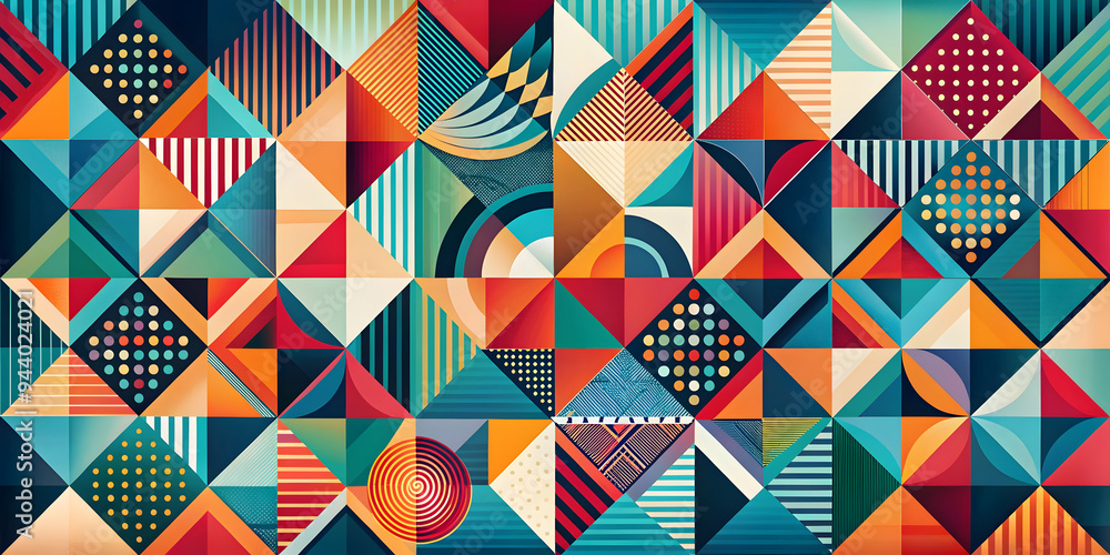 Poster kaleidoscopic geometry: a vibrant tapestry of triangles explodes in symmetrical harmony, showcasing 