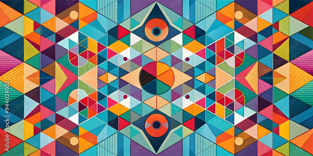 Poster kaleidoscopic geometry: a vibrant tapestry of triangles explodes in symmetrical harmony, showcasing 