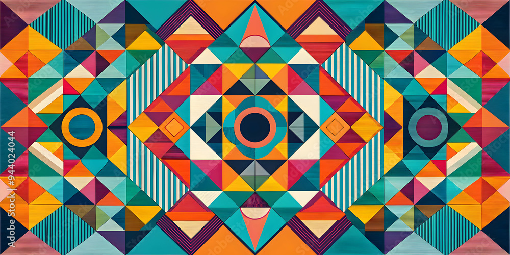 Poster kaleidoscopic geometry: a vibrant tapestry of triangles explodes in symmetrical harmony, showcasing 