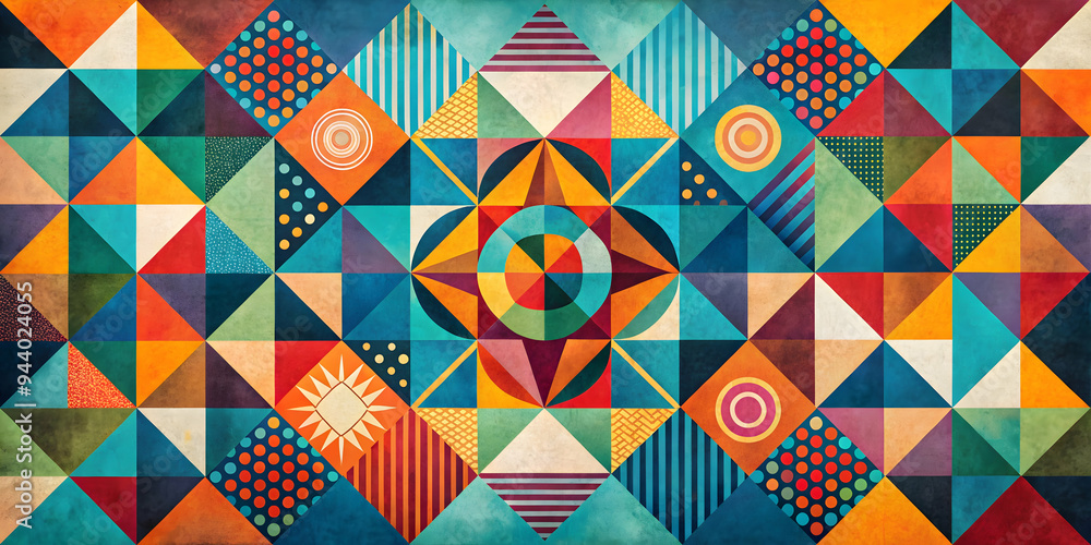 Poster kaleidoscopic geometry: a vibrant tapestry of triangles explodes in symmetrical harmony, showcasing 