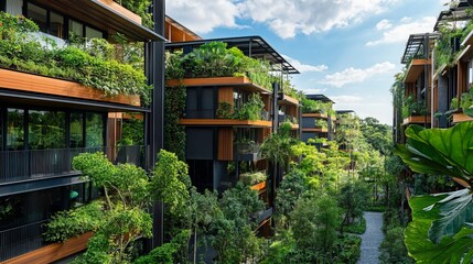 Obraz premium A modern apartment complex stands amidst a verdant oasis, embodying the harmonious coexistence of nature and urban living. Its eco-friendly design prioritizes energy efficiency