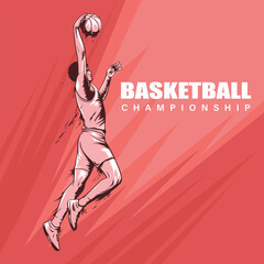 Realistic Vector Illustration of a Basketball Player Jumping with Ball on Red Background. Basketball Player high Jump in Action Silhouette.