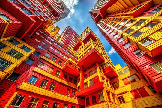 Bold, Expressive, Bright Red and Yellow, Futuristic, Buildings