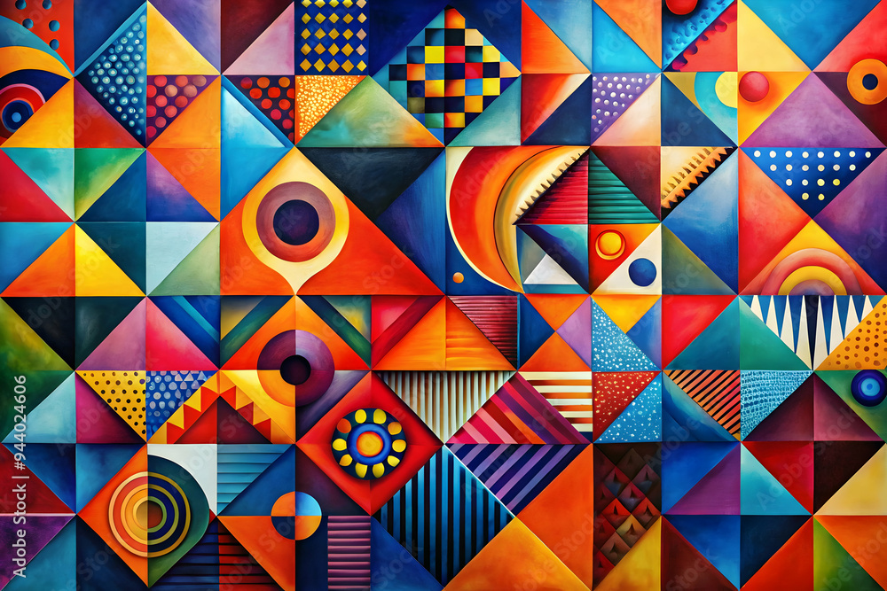 Poster Kaleidoscope of Geometry: A vibrant and dynamic geometric abstract art piece bursting with color and intricate patterns. 