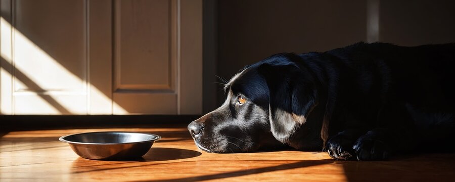A black dog lying on the floor near an empty food bowl in the morning light