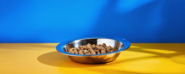 Bowl filled with pet food on bright yellow surface under blue background