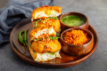 selective focus of Mumbai's famous street food delicious Vada Pav, With coriander leave chutney, tomato sauce, dry garlic chutney and fried chilli. 