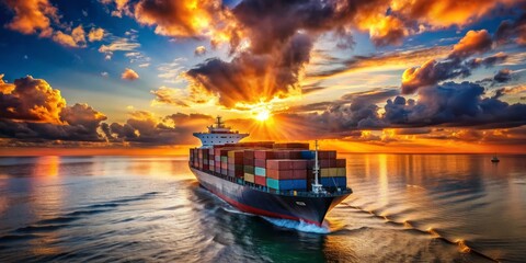 Fototapeta premium Cargo Ship at Sunset - Aerial Perspective - Container Ship Sailing on a Sea with Golden Sunset Light