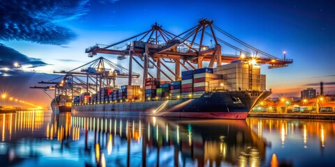 Cargo Ship at Twilight - A Lit Silhouette Against the Blue Sky, with a Reflection in Still Waters