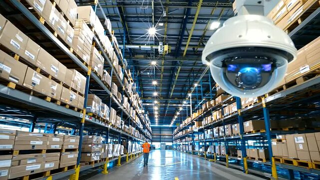 High-tech surveillance cameras monitoring activity in a logistics facility