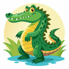 Cartoon Alligator Standing In Water With Green Grass