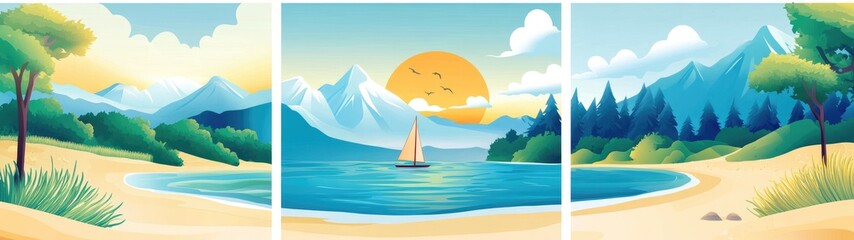 Summer nature landscape poster, cover, card set with sea view, sunny beach, mountains, forest, lake and fields and typography design. Summer holidays, vacation travel illustrations.