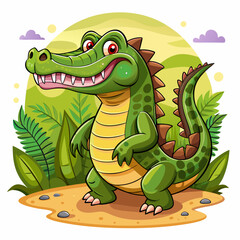Fototapeta premium A Smiling Green Crocodile with Spikes on its Back in a Jungle Setting