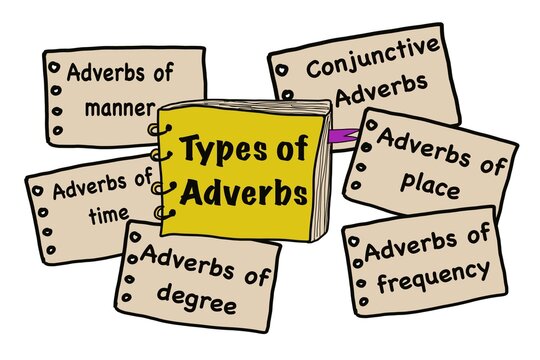 Hand drawn picture of book and paper pads about Types of Adverbs. Illustration for education. Concept English grammar teaching. Different types of adverbs lesson. Teaching aid for teacher, students.  